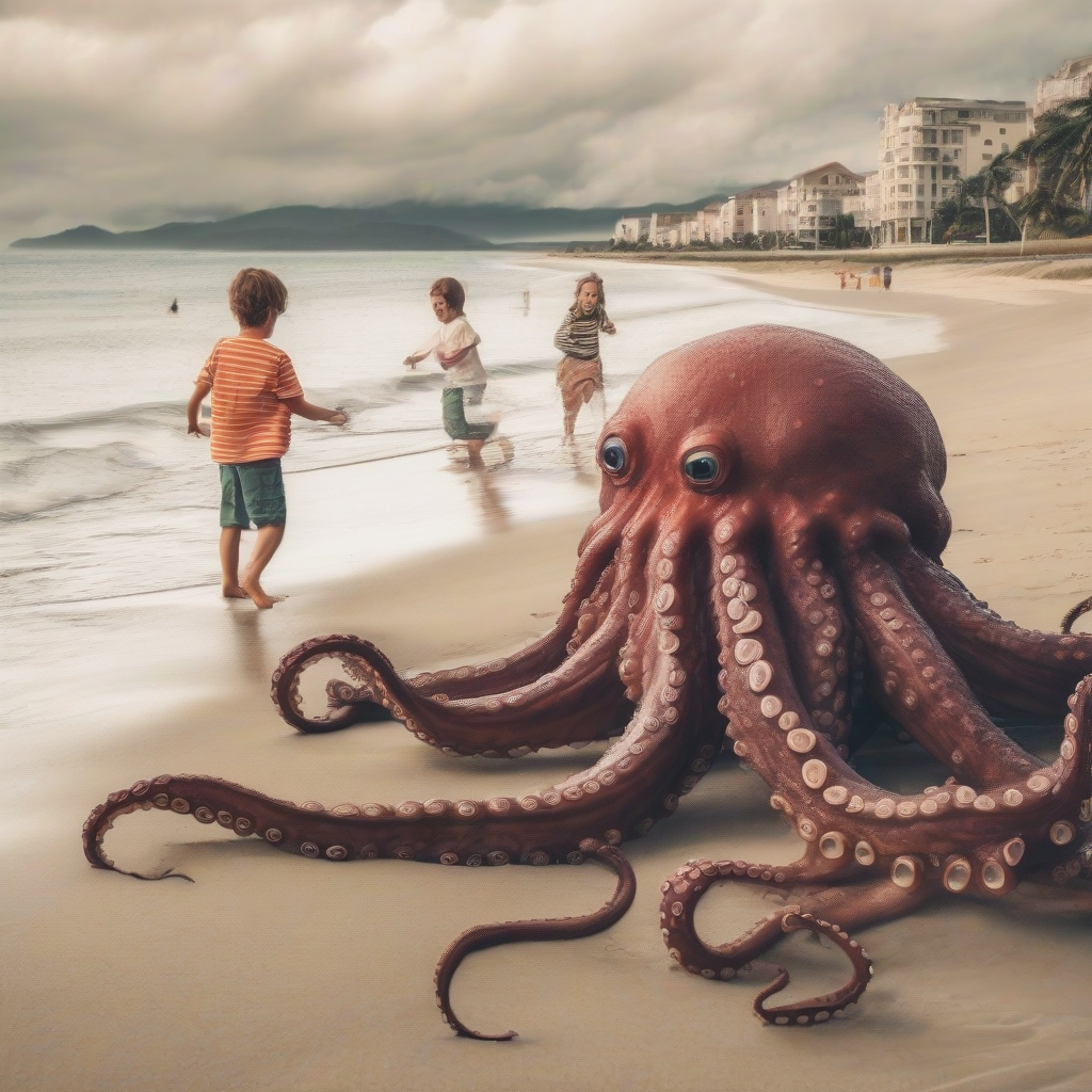 giant octopus on the beach children playing by Générateur d'images par IA gratuit - Aucune connexion nécessaire✨ | AIGAZOU