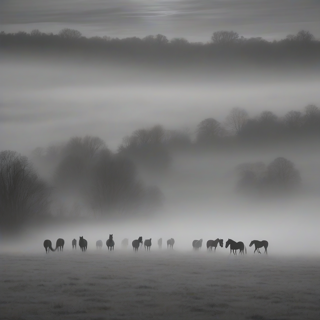 horses on fenced pasture in dense fog deep sunset gray tones by मुफ्त एआई छवि जनरेटर - बिना लॉगिन के✨ | AIGAZOU