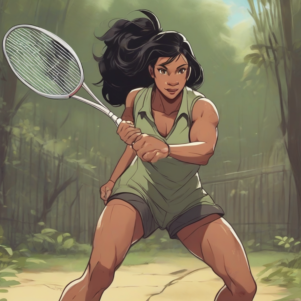 a muscular black haired woman playing badminton by मुफ्त एआई छवि जनरेटर - बिना लॉगिन के✨ | AIGAZOU