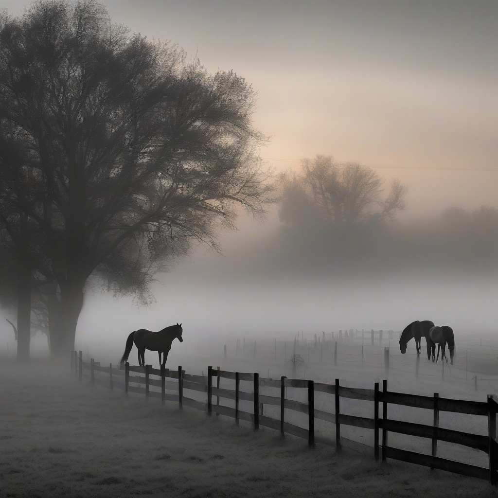 horses pasture fence dense fog deep sunset gray tones by मुफ्त एआई छवि जनरेटर - बिना लॉगिन के✨ | AIGAZOU