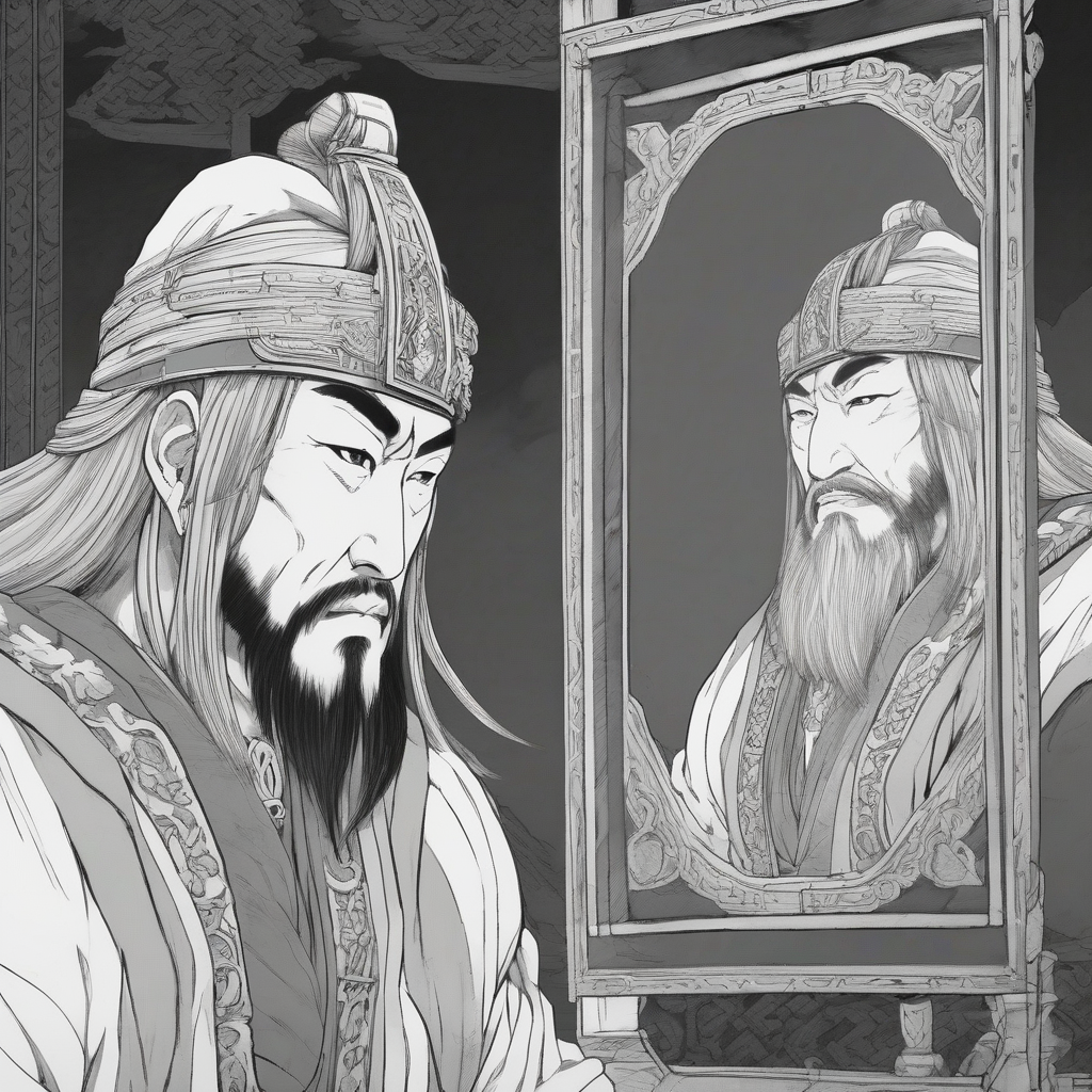 genghis khan looking at his reflection in black and white animation by 免费AI图像生成工具 | AIGAZOU