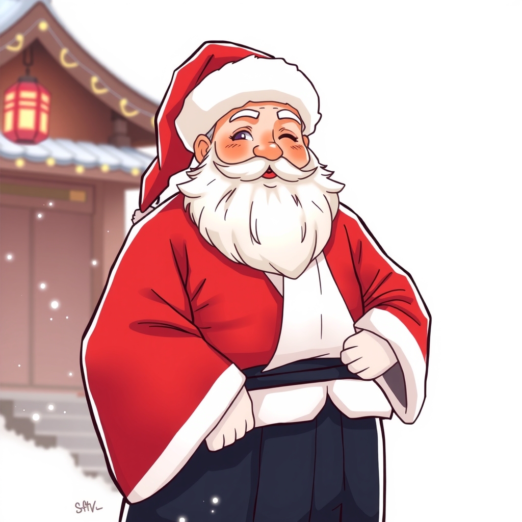 a smiling santa claus with white beard dressed in black hakama and red kimono by मुफ्त एआई छवि जनरेटर - बिना लॉगिन के✨ | AIGAZOU