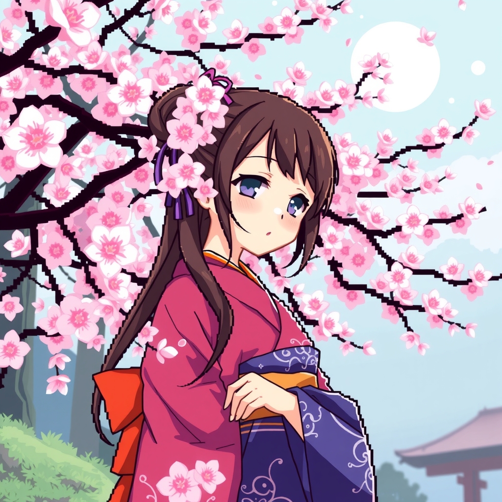 pixel anime kimono girl background cherry blossoms by मुफ्त एआई छवि जनरेटर - बिना लॉगिन के✨ | AIGAZOU