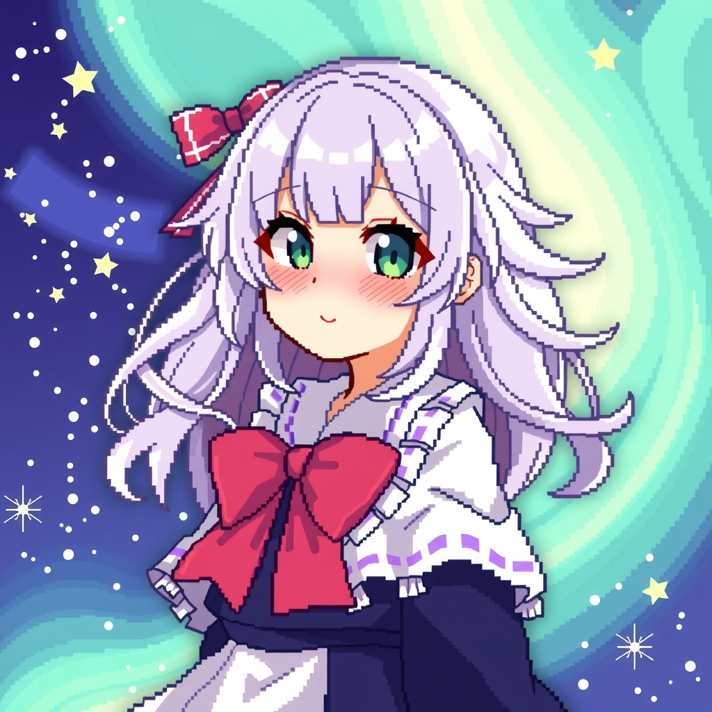 pixel anime white haired girl with bow magical tsundere avatar background aurora by मुफ्त एआई छवि जनरेटर - बिना लॉगिन के✨ | AIGAZOU