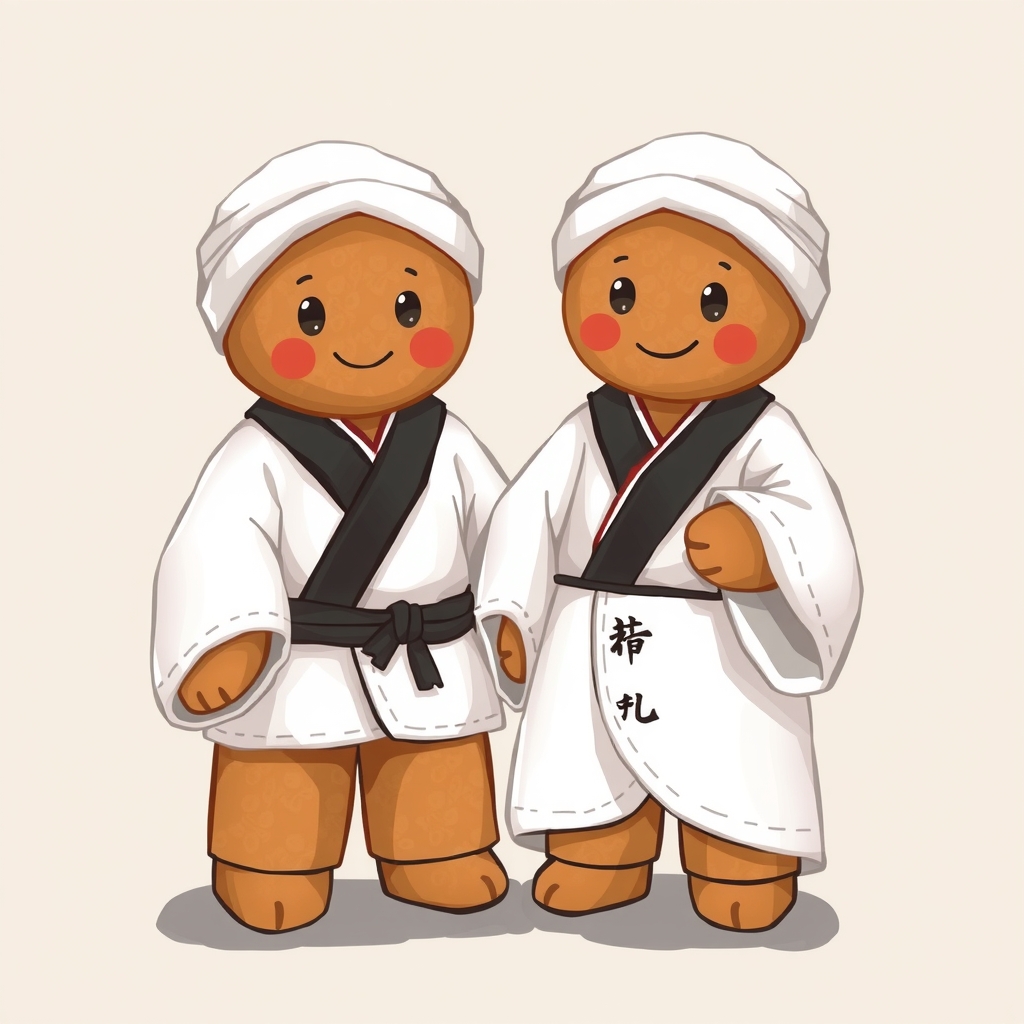 two gingerbread men dressed in white kimonos and black hakamas by मुफ्त एआई छवि जनरेटर - बिना लॉगिन के✨ | AIGAZOU