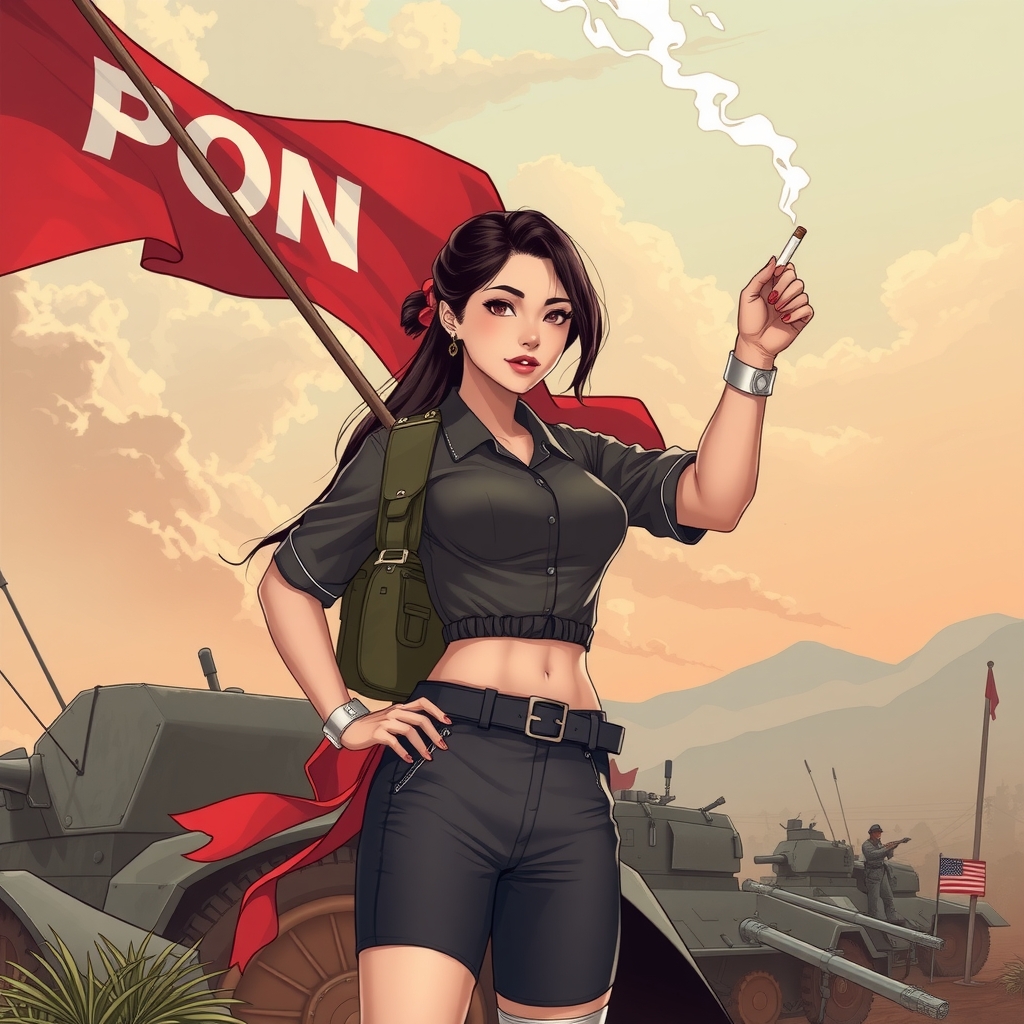 a beautiful asian woman holding a flag in a battlefield by मुफ्त एआई छवि जनरेटर - बिना लॉगिन के✨ | AIGAZOU