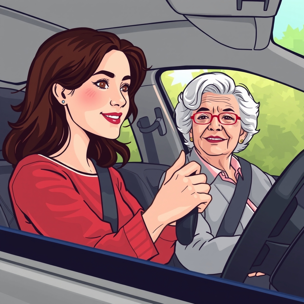 woman with hands on steering wheel and older satisfied woman as passenger by मुफ्त एआई छवि जनरेटर - बिना लॉगिन के✨ | AIGAZOU