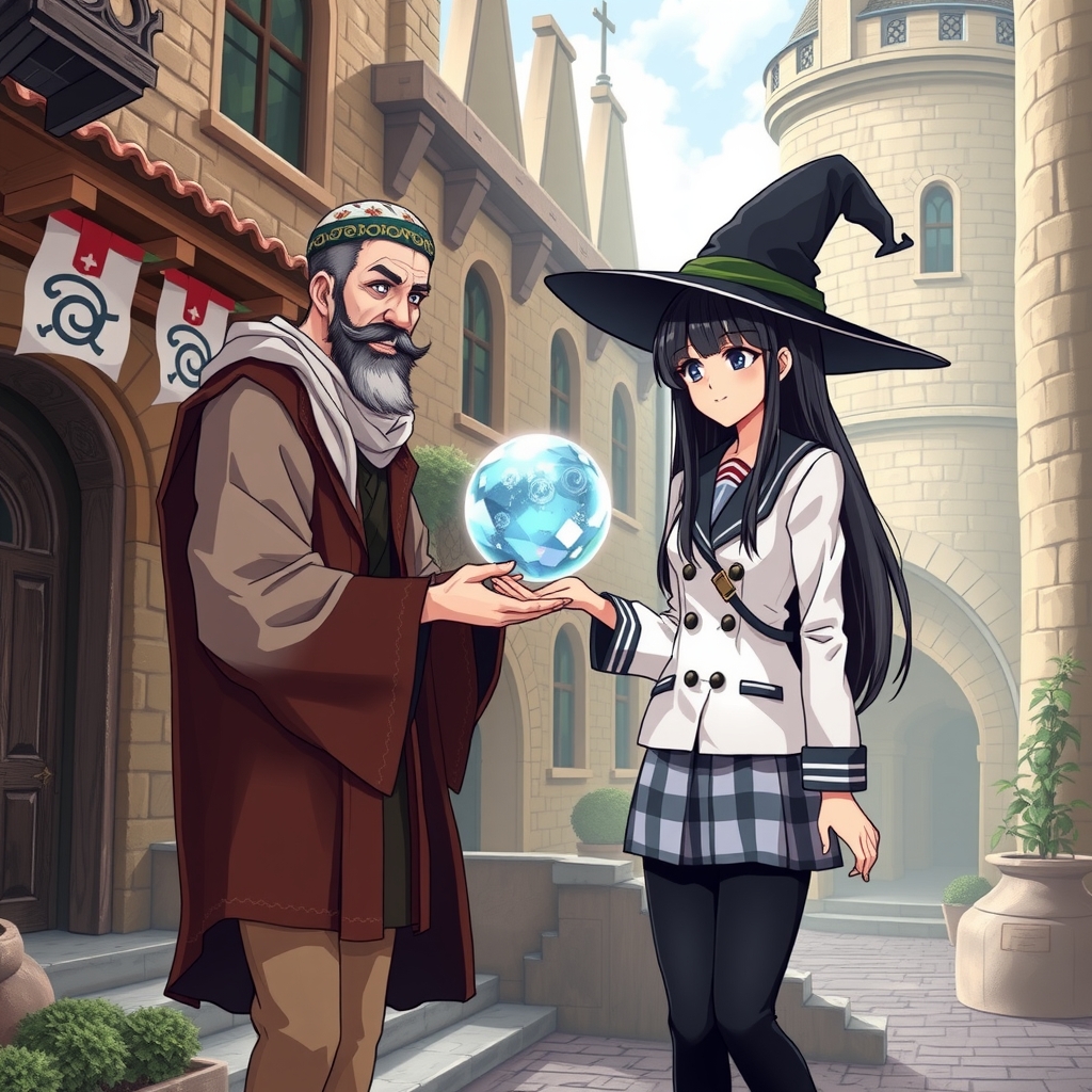 medieval european style brick world arab style clothing middle aged merchant black haired semilong high school girl selling white blazer by मुफ्त एआई छवि जनरेटर - बिना लॉगिन के✨ | AIGAZOU