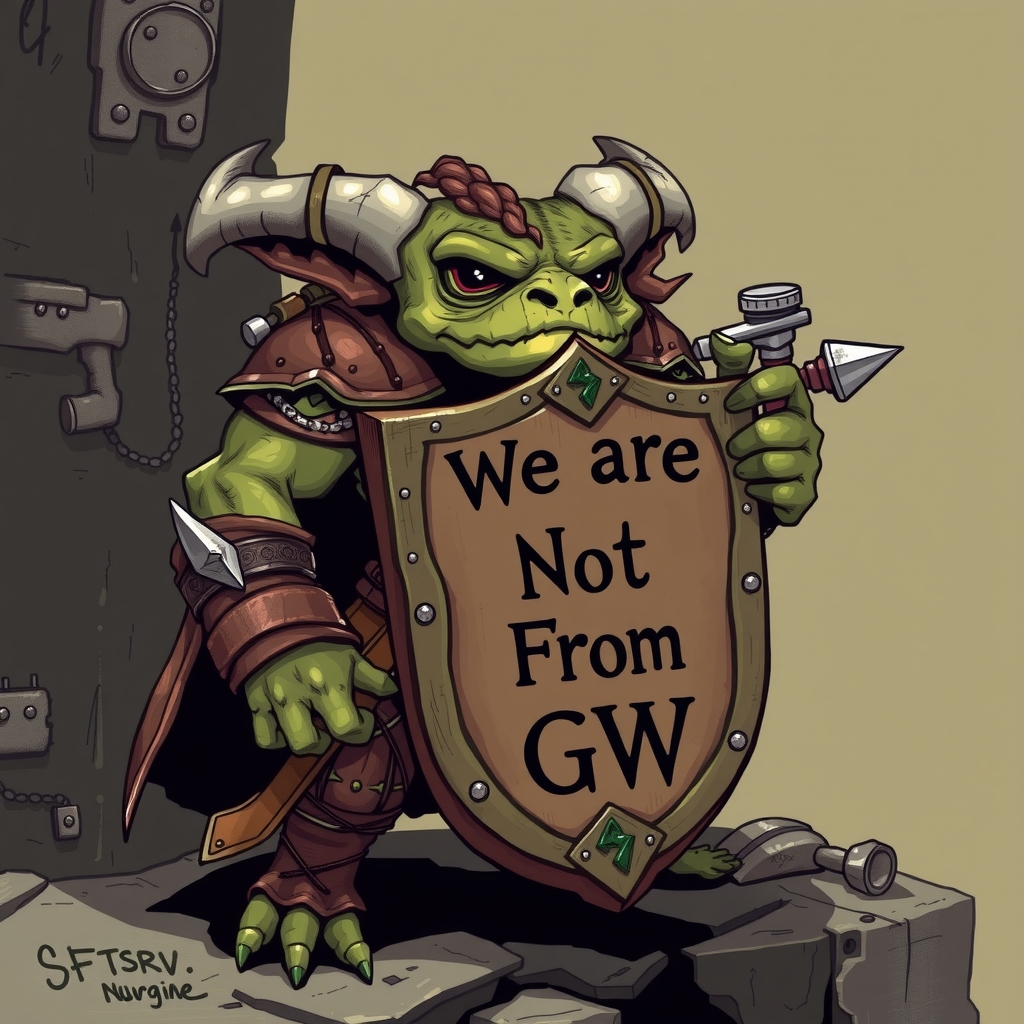 nurgling holds a shield with the inscription we are not from gw by मुफ्त एआई छवि जनरेटर - बिना लॉगिन के✨ | AIGAZOU