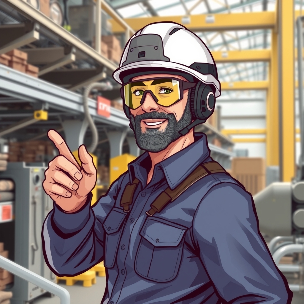 helmet wearing handsome uncle pointing in factory by मुफ्त एआई छवि जनरेटर - बिना लॉगिन के✨ | AIGAZOU