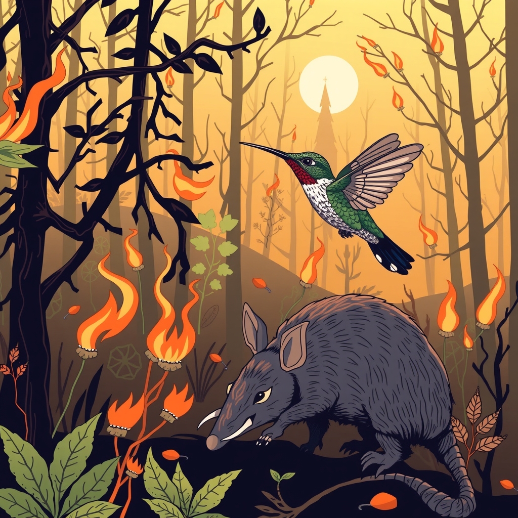 a hummingbird and a armadillo in a burning forest by मुफ्त एआई छवि जनरेटर - बिना लॉगिन के✨ | AIGAZOU