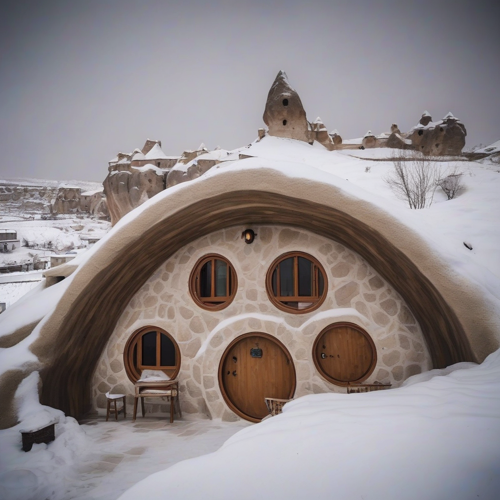 kapadokya cave hobbit hotel exterior snowy weather by मुफ्त एआई छवि जनरेटर - बिना लॉगिन के✨ | AIGAZOU