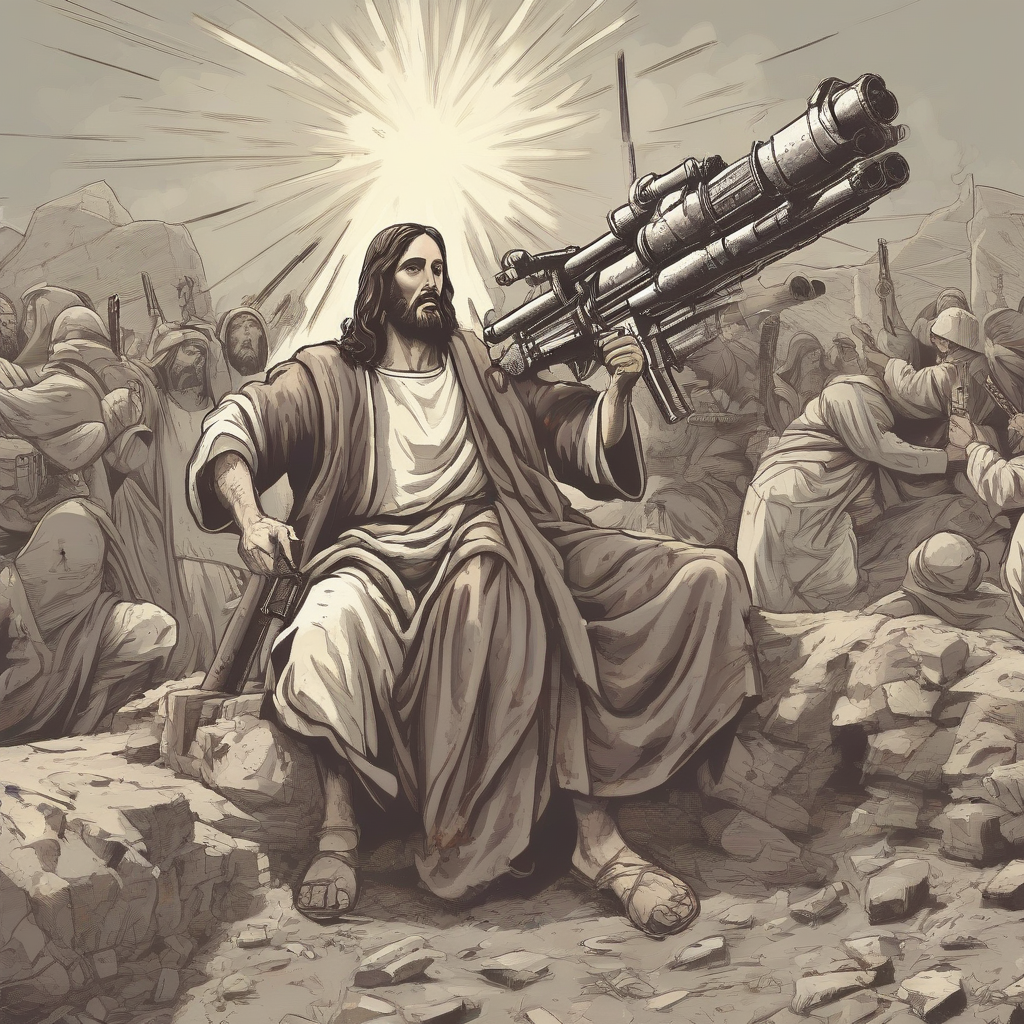 create image jesus christ minigun killing people by मुफ्त एआई छवि जनरेटर - बिना लॉगिन के✨ | AIGAZOU