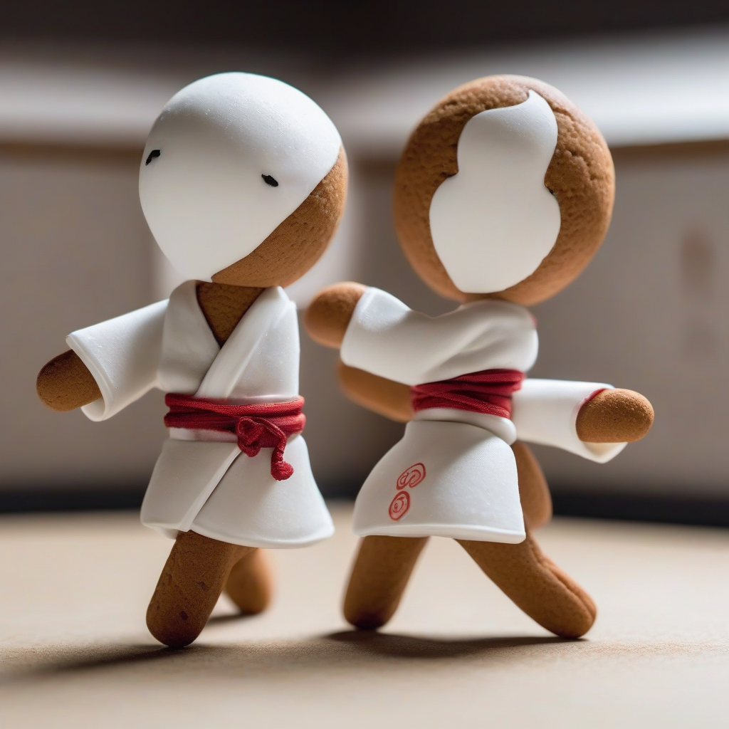 two gingerbread men dressed in white kimonos and black hakamas practicing aikido by मुफ्त एआई छवि जनरेटर - बिना लॉगिन के✨ | AIGAZOU