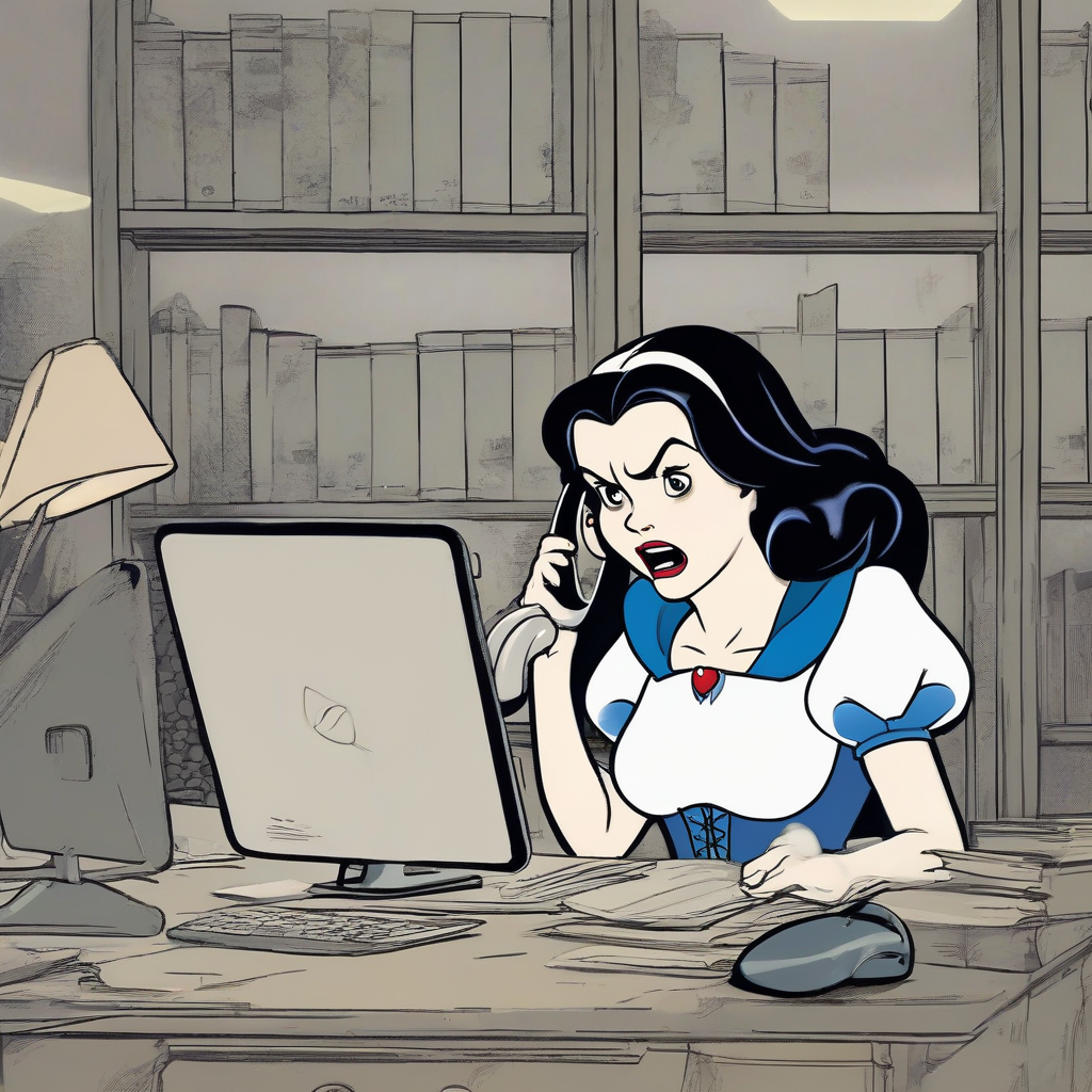 angry snow white on phone at work by मुफ्त एआई छवि जनरेटर - बिना लॉगिन के✨ | AIGAZOU