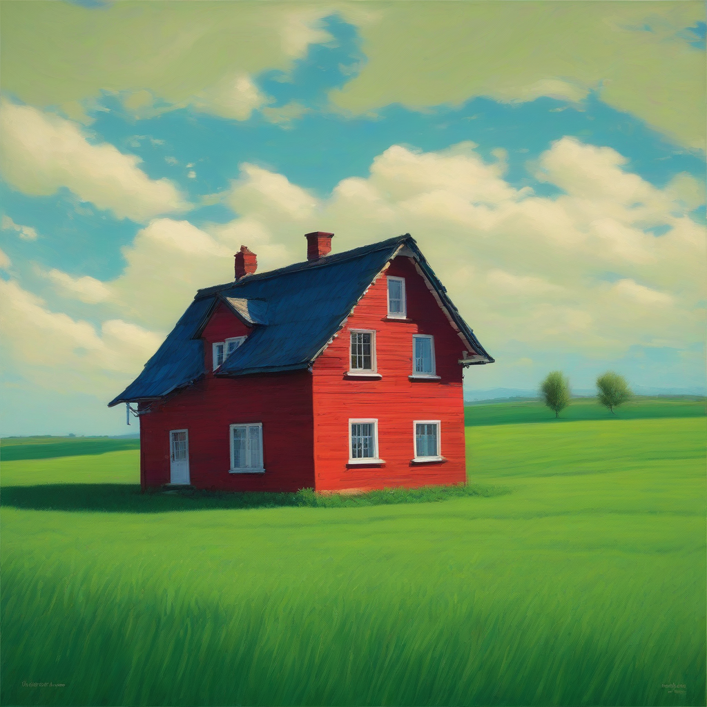 a red house standing in a green field under a blue sky by मुफ्त एआई छवि जनरेटर - बिना लॉगिन के✨ | AIGAZOU