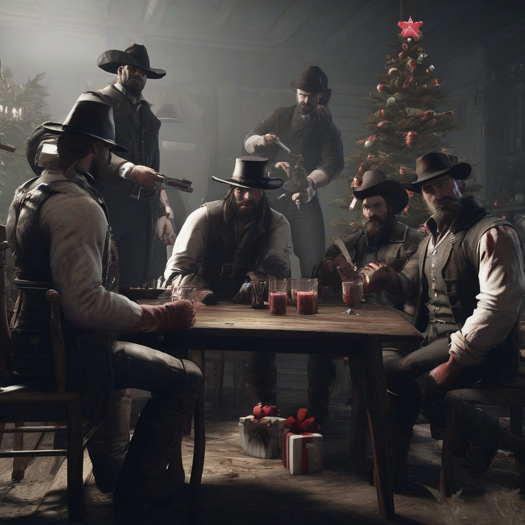 hunt showdown characters around christmas tree by मुफ्त एआई छवि जनरेटर - बिना लॉगिन के✨ | AIGAZOU