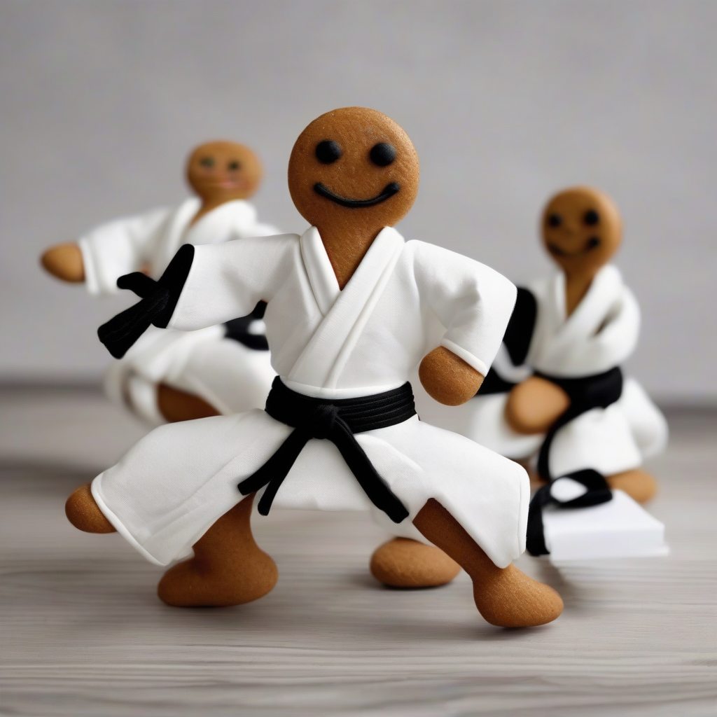 two gingerbread men dressed in white kimonos and black hakamas practicing aikido by मुफ्त एआई छवि जनरेटर - बिना लॉगिन के✨ | AIGAZOU