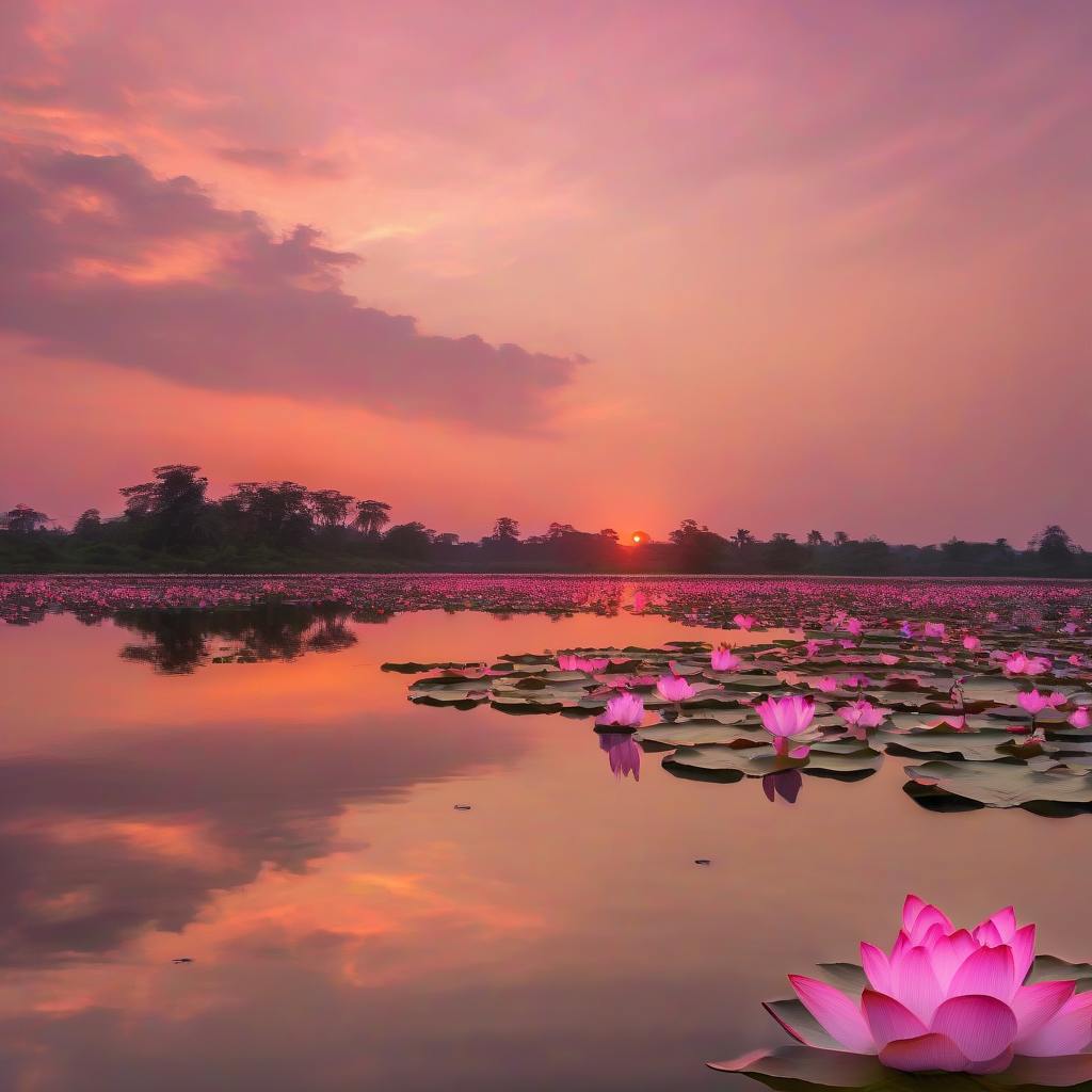 wide lake pink lotus beautiful orange sunset by मुफ्त एआई छवि जनरेटर - बिना लॉगिन के✨ | AIGAZOU