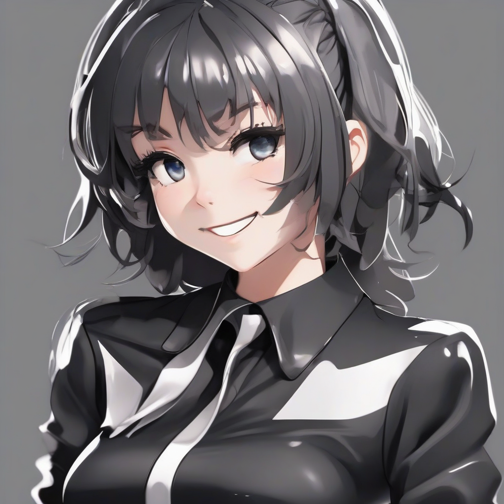 8k 3dcg good button icon black glossy tight open collar shirt girl anime style 18 years old smiling seductive smile by मुफ्त एआई छवि जनरेटर - बिना लॉगिन के✨ | AIGAZOU