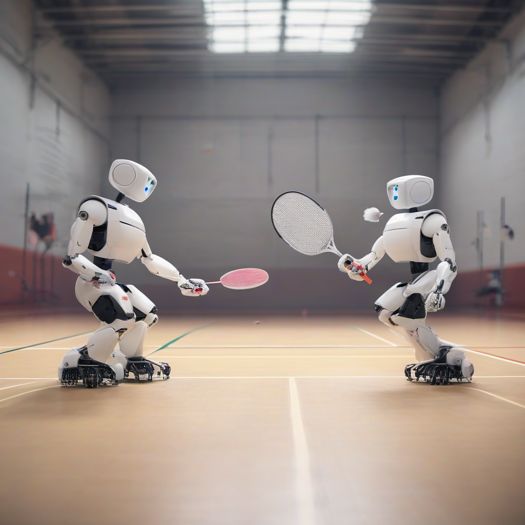 two robots playing badminton match by मुफ्त एआई छवि जनरेटर - बिना लॉगिन के✨ | AIGAZOU