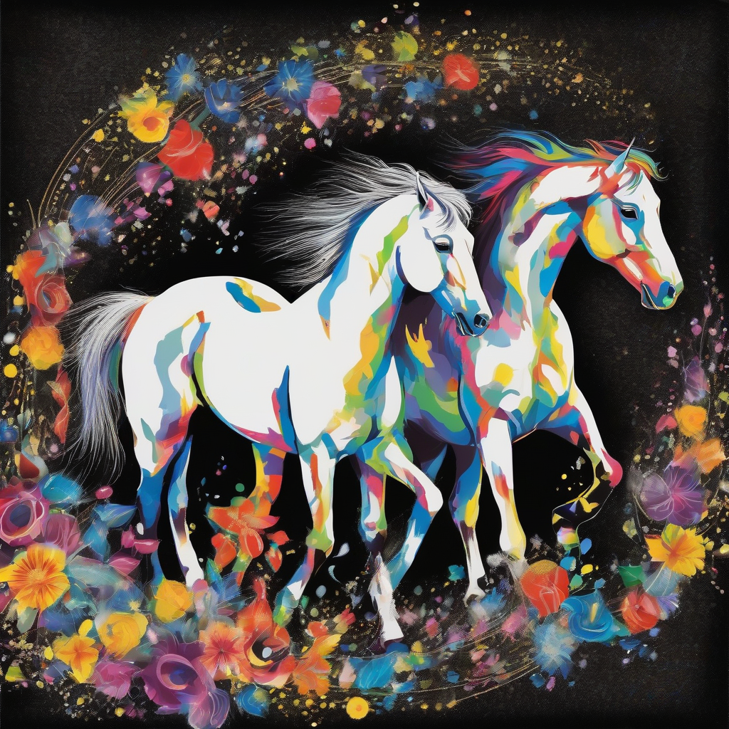 colorful painted horses on black background with glitter by मुफ्त एआई छवि जनरेटर - बिना लॉगिन के✨ | AIGAZOU