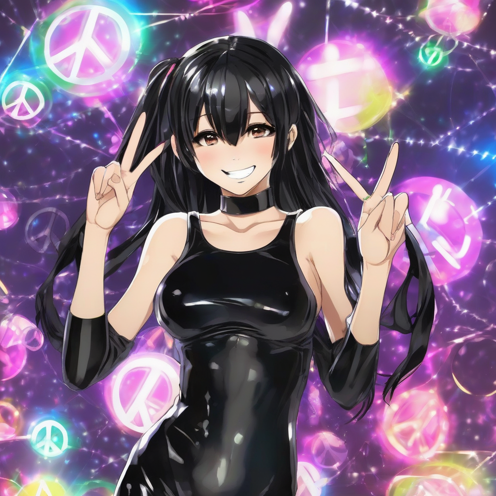 anime style smiling 18 year old girl in tight black outfit peace sign black background by मुफ्त एआई छवि जनरेटर - बिना लॉगिन के✨ | AIGAZOU