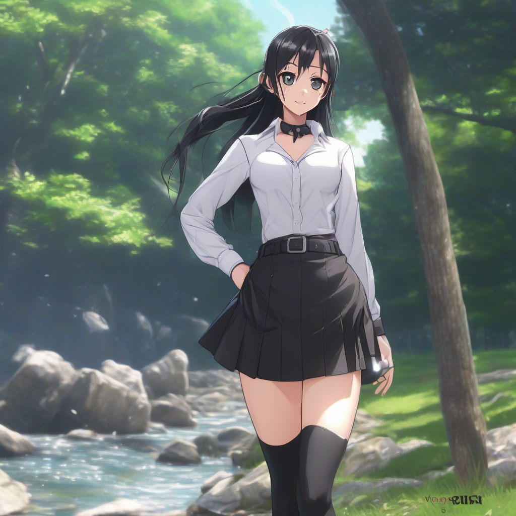 8k 3dcg good button icon black glossy tight open collar shirt ultra miniskirt long haired girl anime style 18 years by मुफ्त एआई छवि जनरेटर - बिना लॉगिन के✨ | AIGAZOU