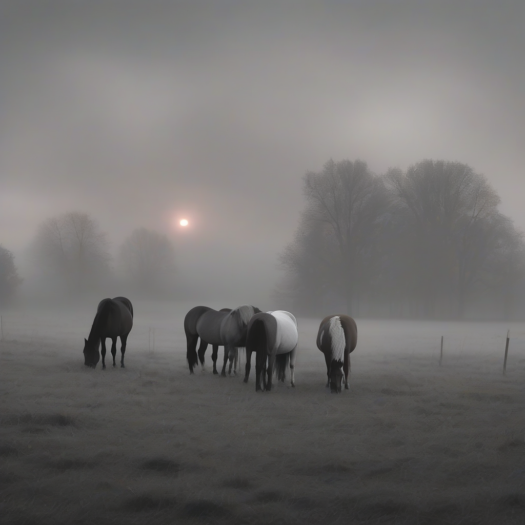 horses on fenced pasture in dense fog deep sunset gray tones by Générateur d'images par IA gratuit - Aucune connexion nécessaire✨ | AIGAZOU