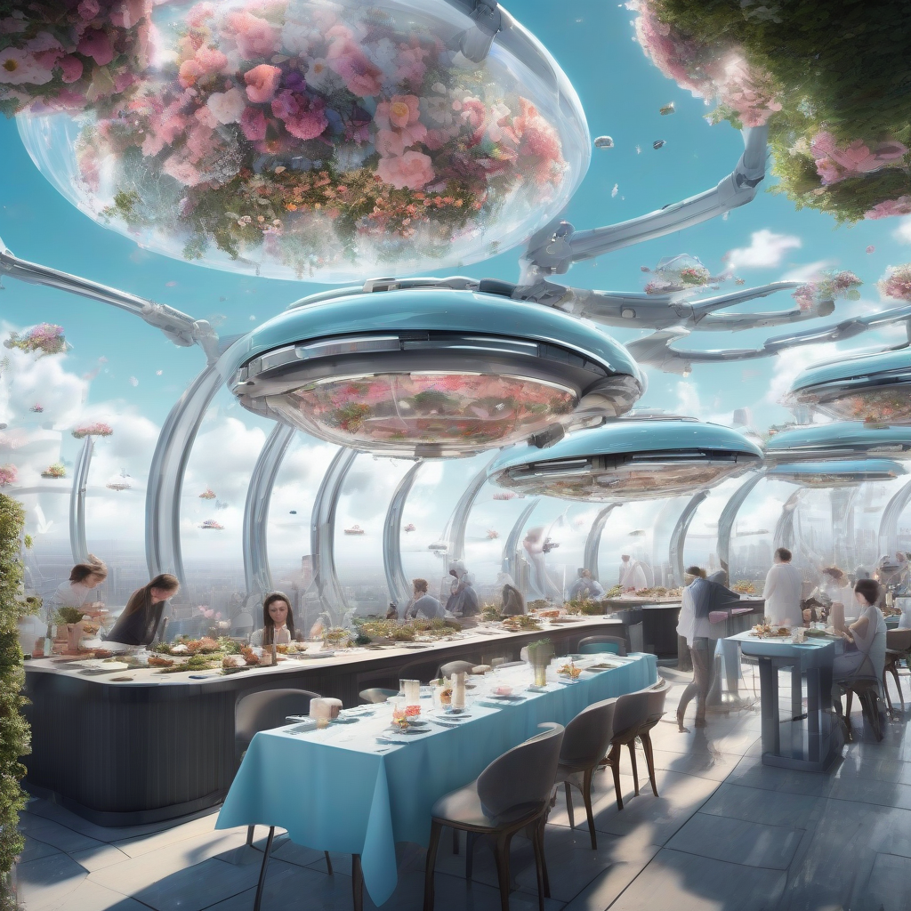 floating smart restaurant with blue exterior and mechanical arms serving food rooftop garden with people enjoying flowers and irregular clouds by मुफ्त एआई छवि जनरेटर - बिना लॉगिन के✨ | AIGAZOU