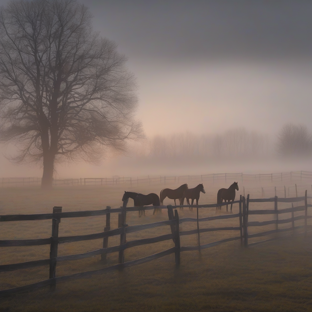 horses in fenced pasture in thick fog deep sunset gray tones by मुफ्त एआई छवि जनरेटर - बिना लॉगिन के✨ | AIGAZOU