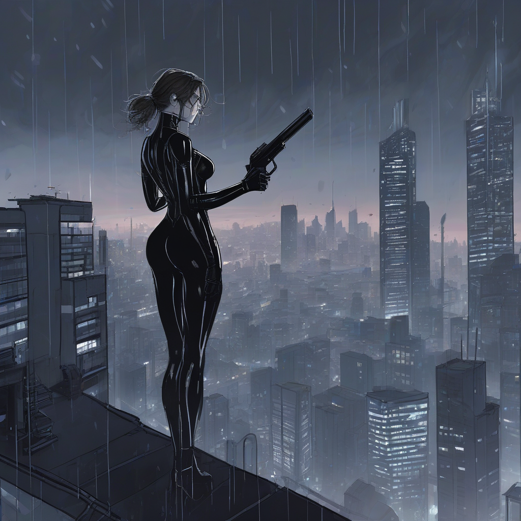 futuristic black bodysuit woman on rooftop at night by मुफ्त एआई छवि जनरेटर - बिना लॉगिन के✨ | AIGAZOU