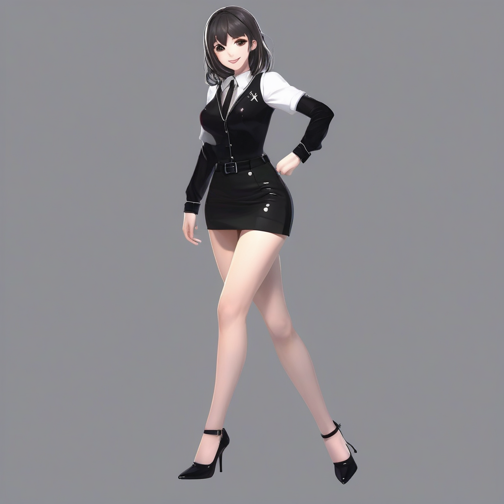 8k 3dcg good button icon black glossy tight open collar shirt ultra miniskirt anime style 18 year old smiling seductive by मुफ्त एआई छवि जनरेटर - बिना लॉगिन के✨ | AIGAZOU