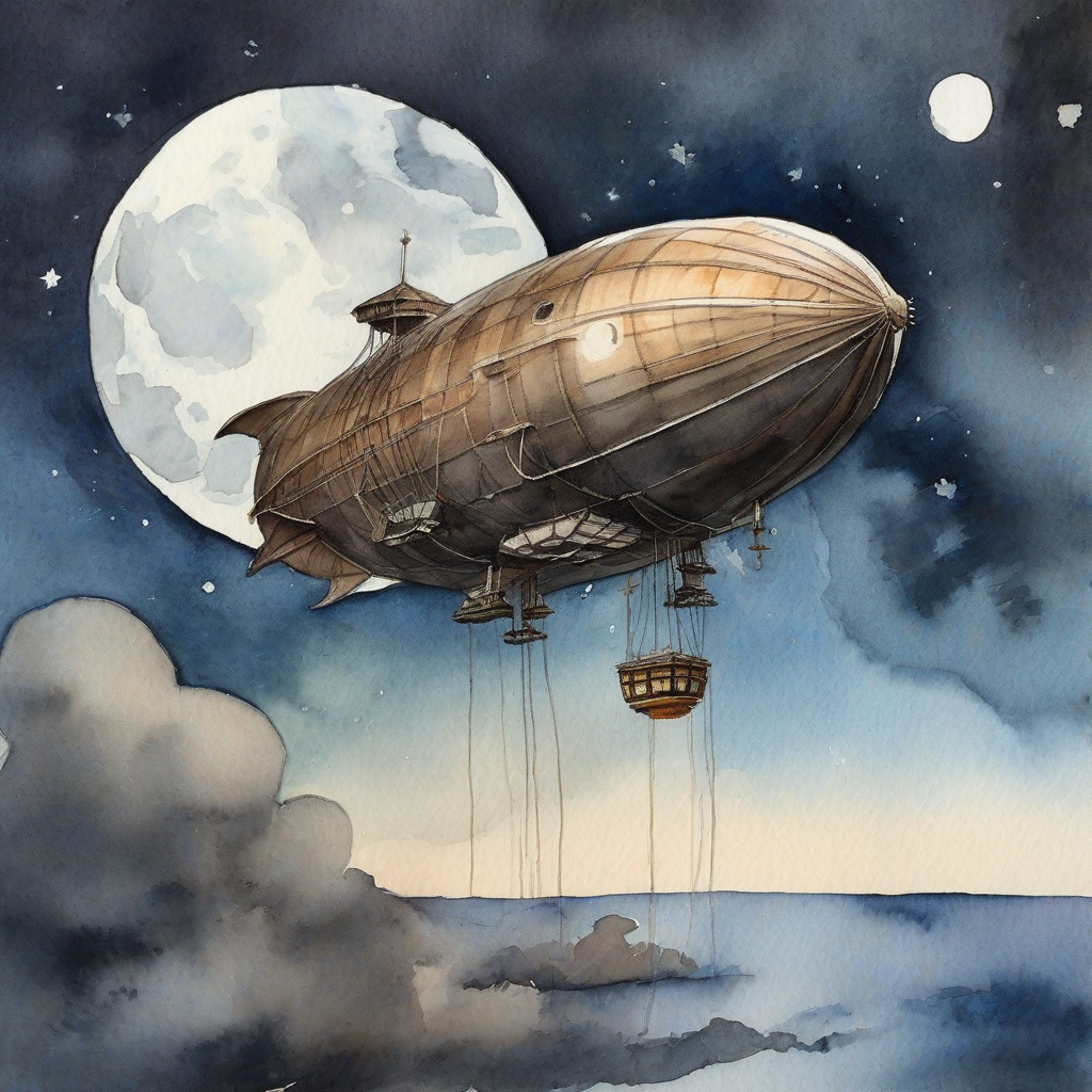 moon and airship watercolor painting by मुफ्त एआई छवि जनरेटर - बिना लॉगिन के✨ | AIGAZOU