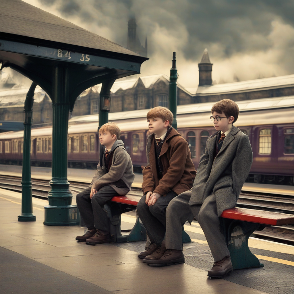 waiting for the train some standing others sitting on the bench at platform 5 and 3 quarters picturesque harry potter by मुफ्त एआई छवि जनरेटर - बिना लॉगिन के✨ | AIGAZOU