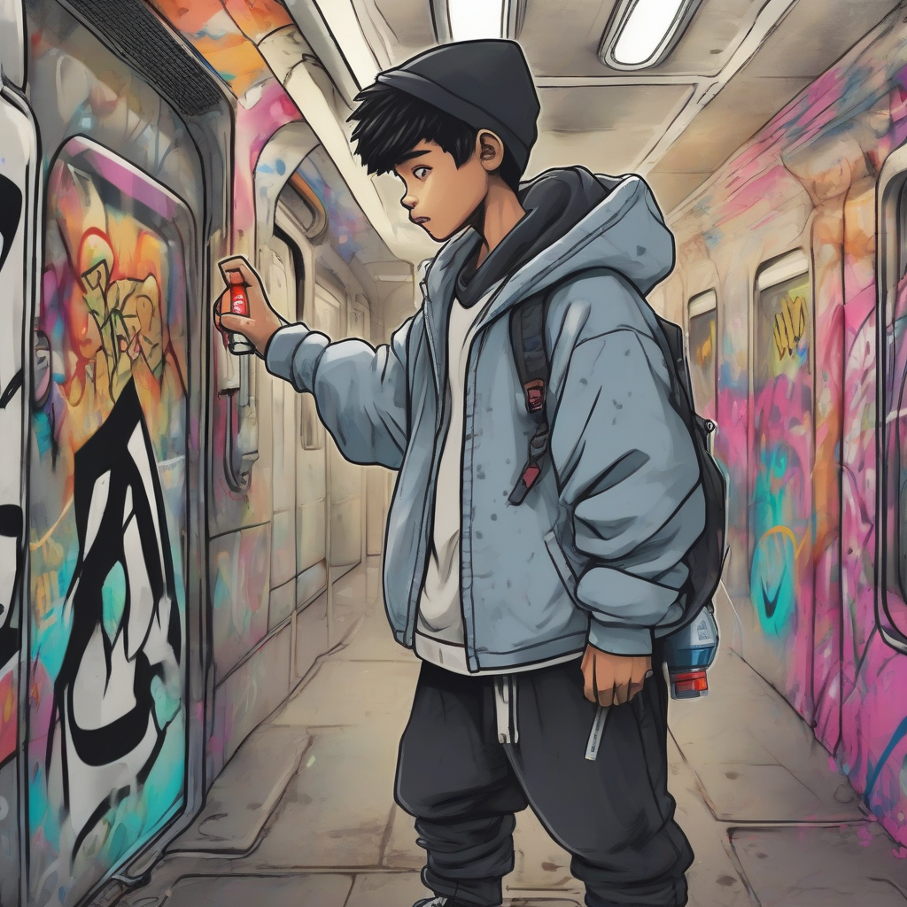 a boy in oversized hoodie spray painting cartoon style graffiti on subway wall by मुफ्त एआई छवि जनरेटर - बिना लॉगिन के✨ | AIGAZOU