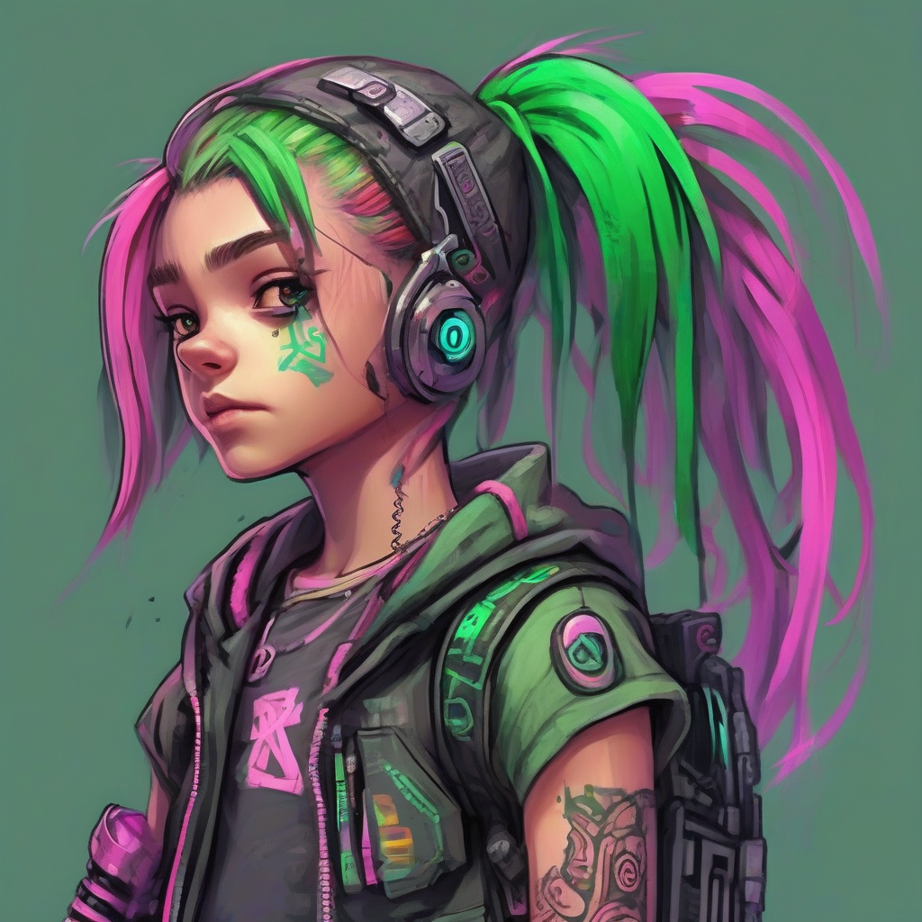 11 year old cyberpunk girl with green pink mid length hair by मुफ्त एआई छवि जनरेटर - बिना लॉगिन के✨ | AIGAZOU