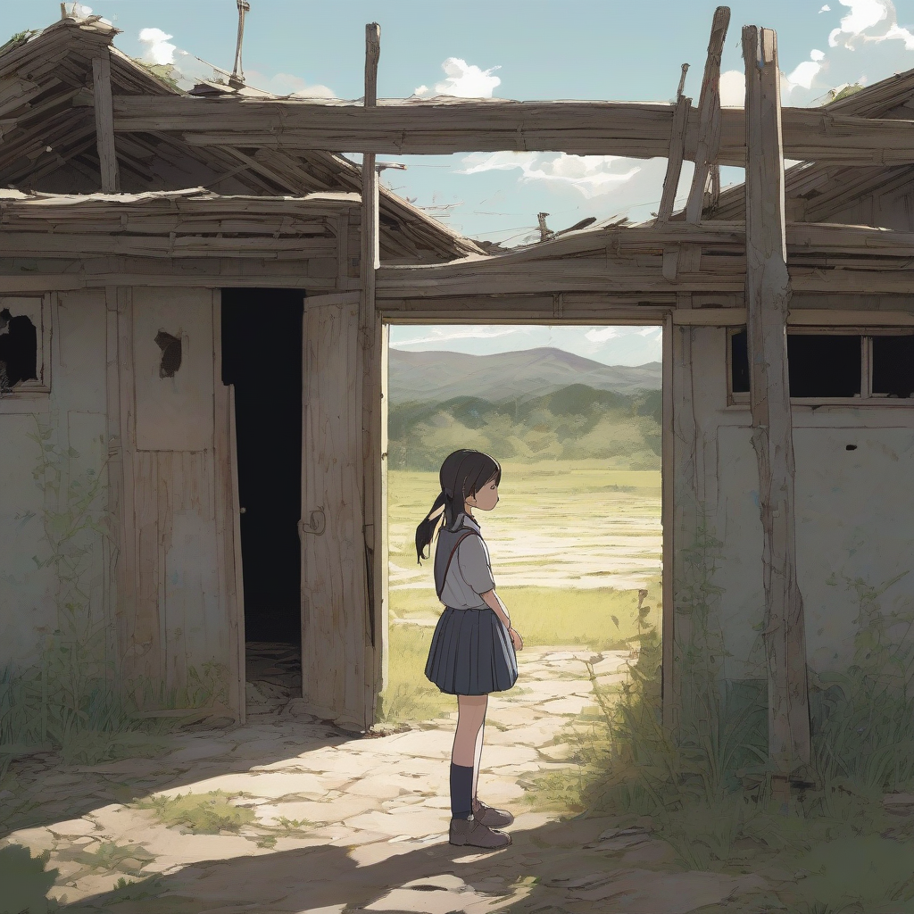 a middle school girl stands at the entrance of an abandoned house in a remote village by Generador gratuito de imágenes con IA - ¡Sin necesidad de iniciar sesión✨! | AIGAZOU