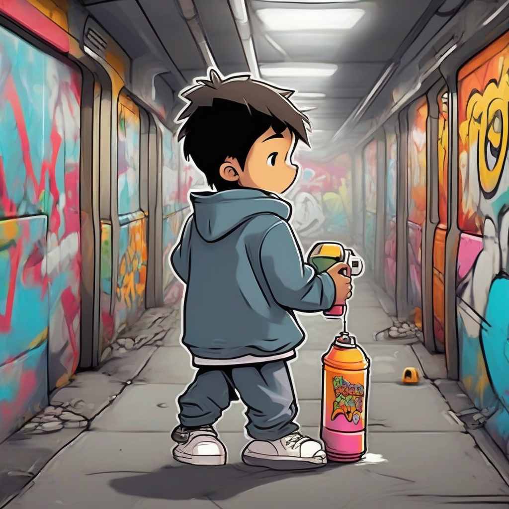 a boy with oversized clothes spray painting cartoon style graffiti on subway wall by मुफ्त एआई छवि जनरेटर - बिना लॉगिन के✨ | AIGAZOU