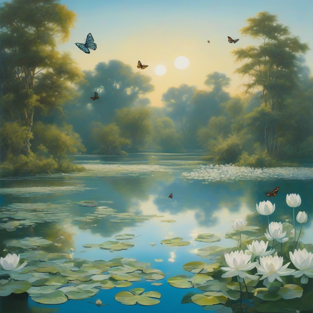 landscape with clear blue lake white lotus butterflies sunrise by Generador gratuito de imágenes con IA - ¡Sin necesidad de iniciar sesión✨! | AIGAZOU