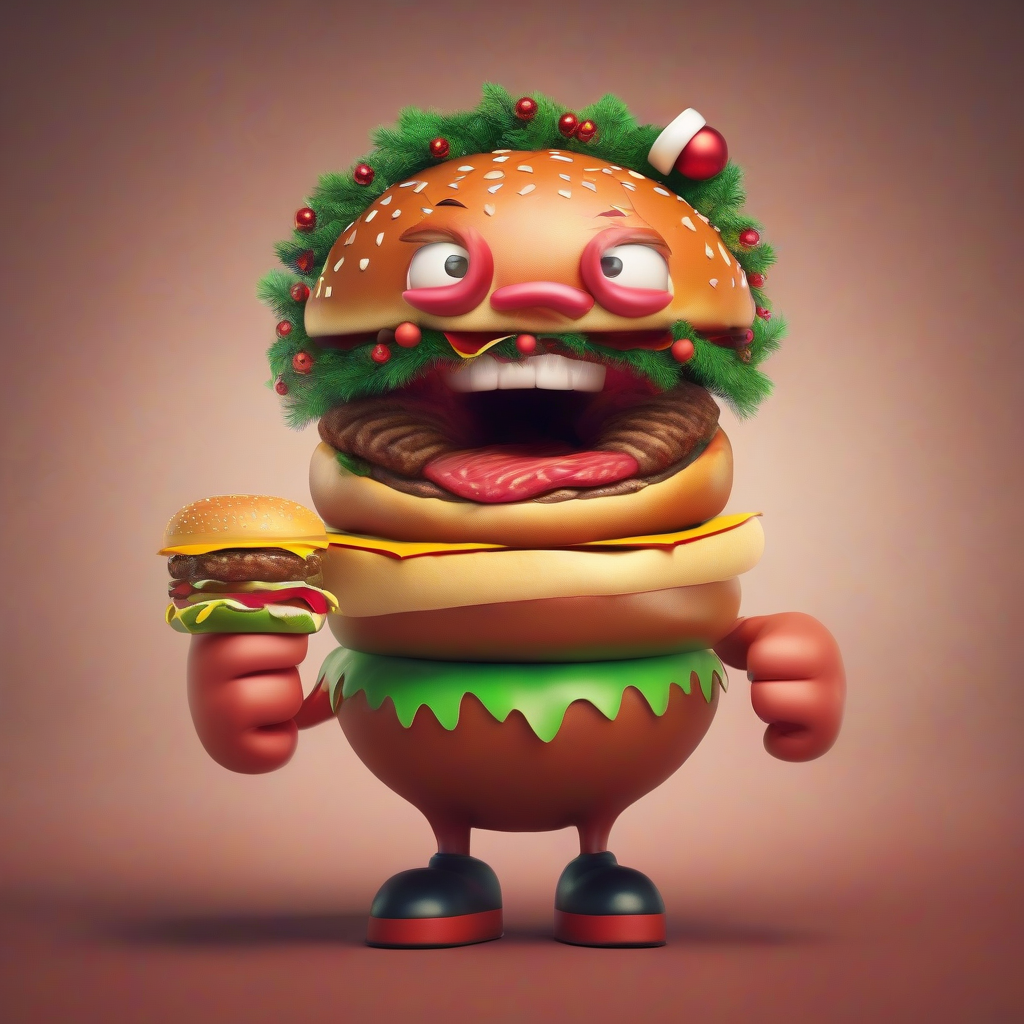 hamburger character man wearing hamburger face christmas tree by मुफ्त एआई छवि जनरेटर - बिना लॉगिन के✨ | AIGAZOU