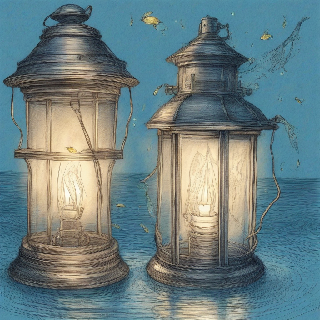 pencil drawing lantern with blue water and one gengoro swimming by मुफ्त एआई छवि जनरेटर - बिना लॉगिन के✨ | AIGAZOU