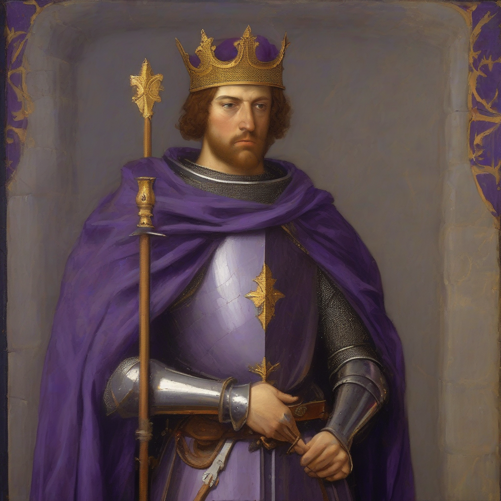 medieval painting glorifying a 30 year old purple clad warrior king with short hair by मुफ्त एआई छवि जनरेटर - बिना लॉगिन के✨ | AIGAZOU