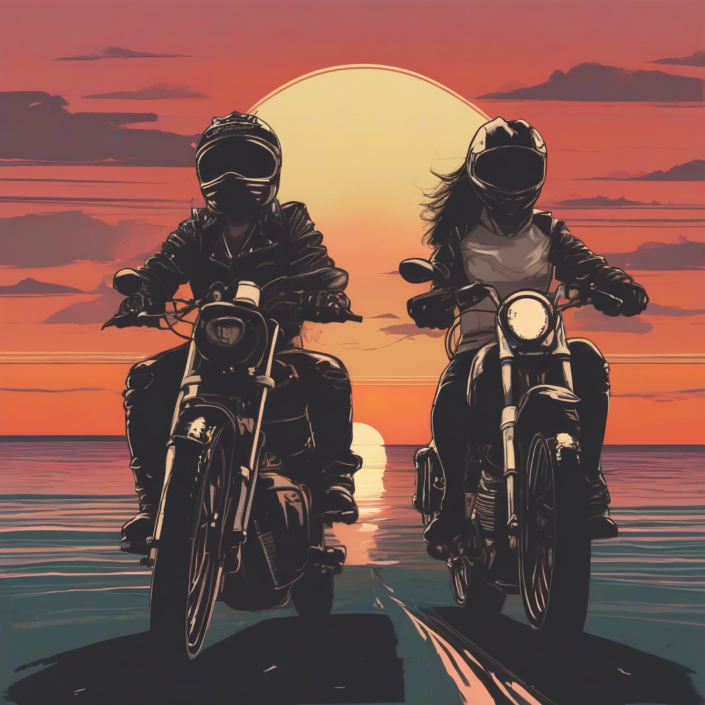 a couple on a motorcycle with helmets against a sunset over the sea by Générateur d'images par IA gratuit - Aucune connexion nécessaire✨ | AIGAZOU