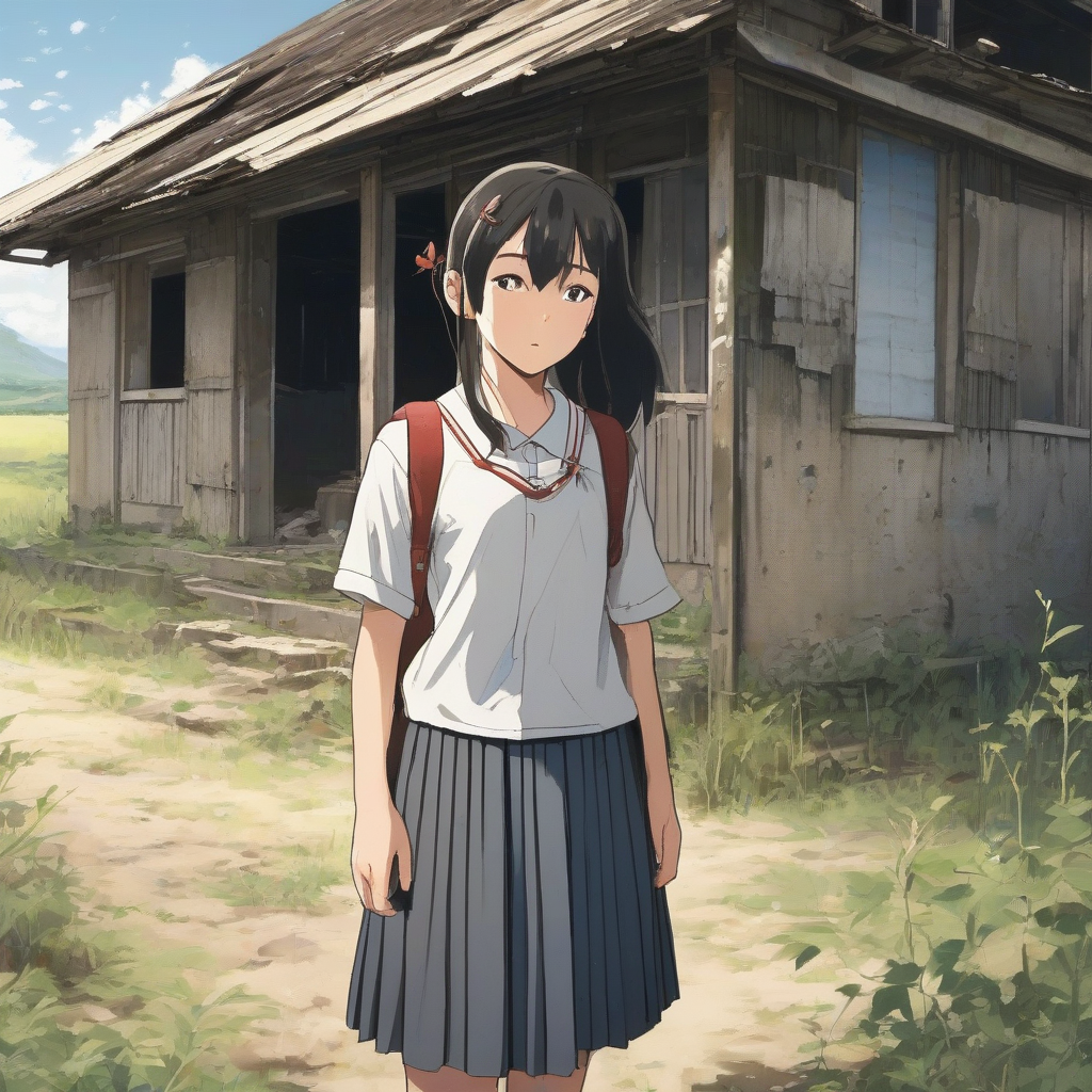 a middle school girl stands at the entrance of an abandoned house in a remote village wearing a skirt with by 무료 AI 이미지 생성기 - 로그인 필요 없음✨ | AIGAZOU