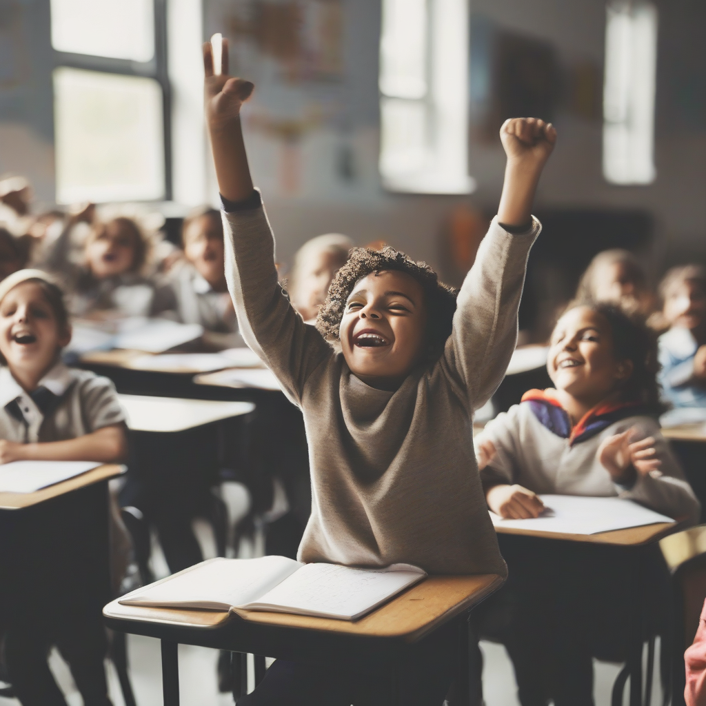 child in school celebrating by मुफ्त एआई छवि जनरेटर - बिना लॉगिन के✨ | AIGAZOU