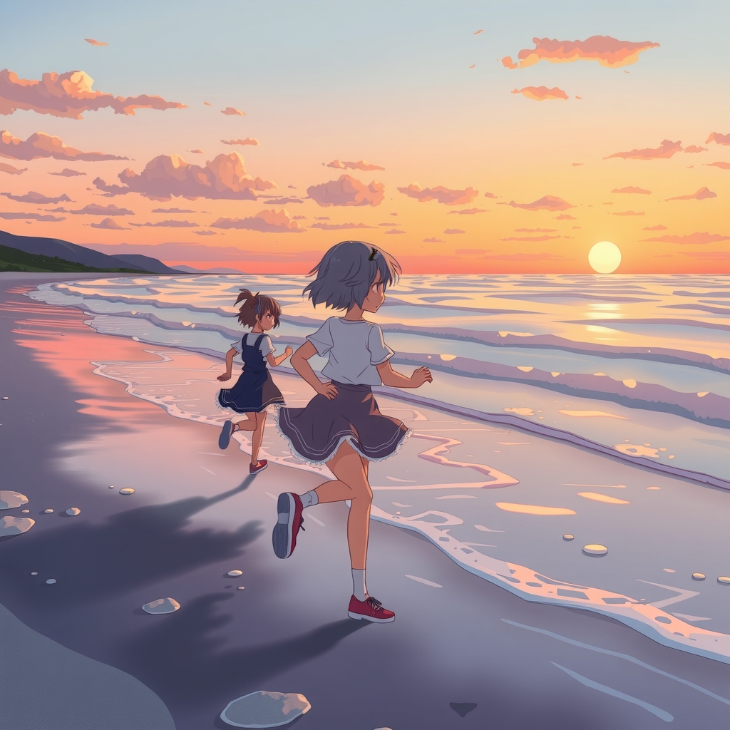 two short haired girls running and playing on the beach at dusk by मुफ्त एआई छवि जनरेटर - बिना लॉगिन के✨ | AIGAZOU