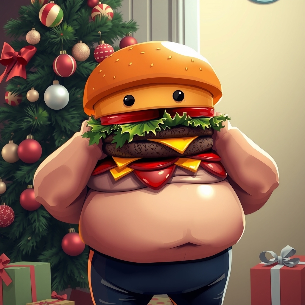 hamburger character man wearing hamburger face christmas tree by मुफ्त एआई छवि जनरेटर - बिना लॉगिन के✨ | AIGAZOU