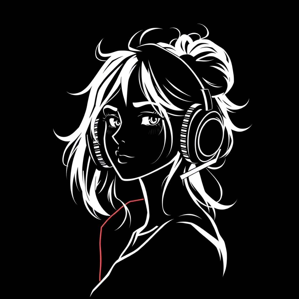 a woman wearing bulky headphones drawn cute black background white figure by मुफ्त एआई छवि जनरेटर - बिना लॉगिन के✨ | AIGAZOU