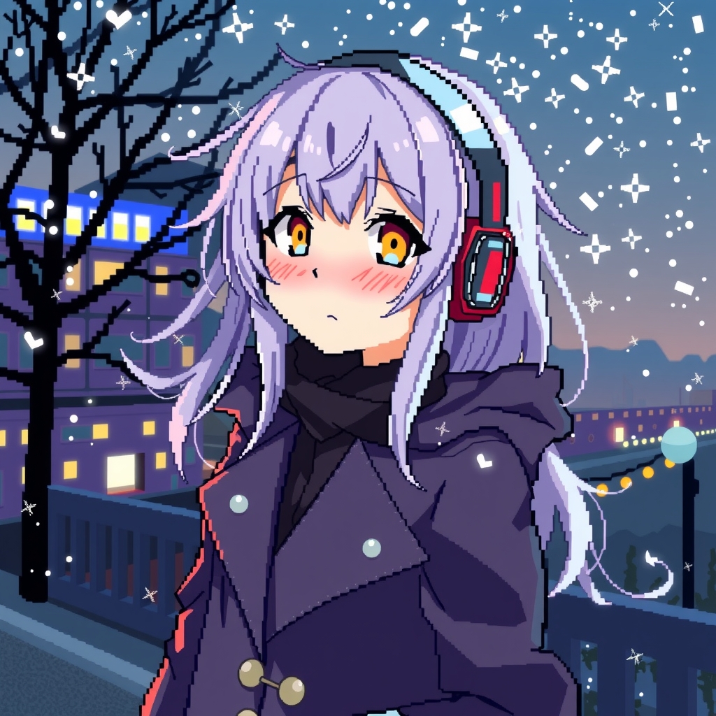 pixel style anime silver haired girl with headphones wearing jacket background night scenery pixel by मुफ्त एआई छवि जनरेटर - बिना लॉगिन के✨ | AIGAZOU